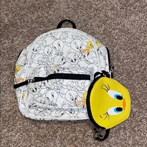 White Tweety Bird Faux Leather Backpack with Coin Purse